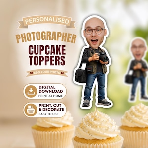Printbare cupcake-toppers met fotografenthema, gepersonaliseerde taartdecoraties voor een verjaardagstaart met fotografenthema, decoratie voor een camerafeest, digitale download
