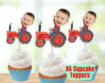 Digital Download ** Tractor Head  Photo Birthday Cupcake Toppers, Personalised farmer , Birthday Cake topper boys girls pow