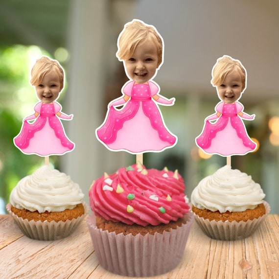 Princess Head Photo Cupcake Toppers, Personalised pink Birthday Cake  topper boys girls Birthday