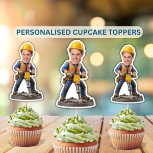 Printbare cupcake-toppers met bouwvakker-thema, gepersonaliseerde taartdecoraties voor een bouwvakker, verjaardagsfeest met drilboor-thema, digitale download