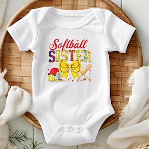 Softball Sister Baby Onesie & Toddler T-Shirt | Cute Softball Fan Outfit | Sports Sister Gift | Baseball Family | Game Day Apparel