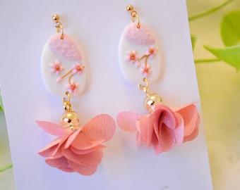 Sakura earrings with fabric pendant/poetic cherry blossom earrings in handmade polymer clay