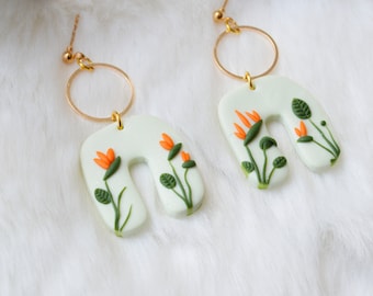 Bird of Paradise Earrings / Flower Earrings / Polymer Clay Earrings / Green Earrings