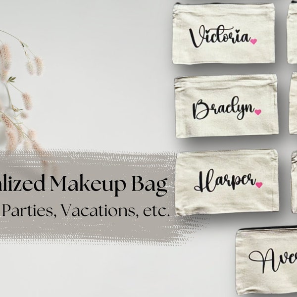 Personalized Makeup Bag| Custom Name Cosmetic Bag|Canvas Bag with Zipper| Bachelorette| Birthday| Bridesmaid Proposal Wedding Party Vacation