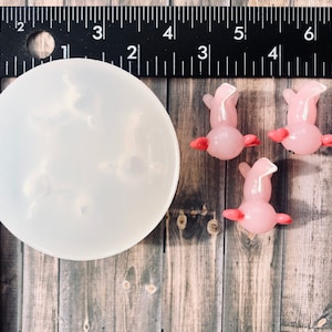 May include: A silicone mold for making small pink bunny shaped resin crafts. The mold is round and clear, and there are three pink bunny shapes on a wooden surface.