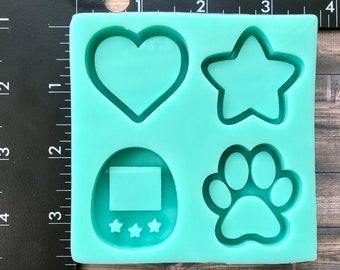 キーホルダー付きシリコン型パレット - ハートシェイカー型、トモガチシェイカー型、足跡シェイカー型、星シェイカー型。