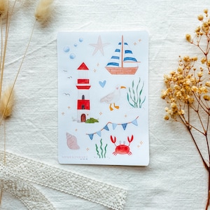 Aquarell Sticker Sheet &quot;Nautical Vibes Only&quot; - Traditionell Handgemalt | Aesthetic Stickers,Bullet Journal,Planner,Sommer,Strand,Meer,See