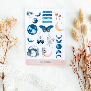 Hoja de pegatinas "Amor lunar" | Pegatinas estéticas, pegatinas de Bullet Journal, pegatinas de planificador, pegatinas de acuarela, kit de diario, lunar, luna, azul