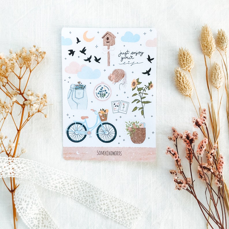 Sticker Sheet Bike & Flowers aesthetic stickers, bullet journal stickers, planner stickers, Watercolor Sticker, Bike and Flowers, Clouds image 1