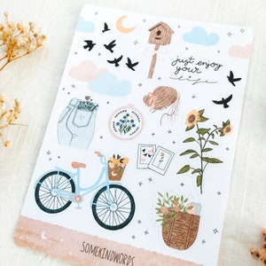 Sticker Sheet Bike & Flowers aesthetic stickers, bullet journal stickers, planner stickers, Watercolor Sticker, Bike and Flowers, Clouds image 2