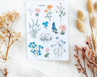 Arkusz naklejek „Letnie kwiaty” | Naklejki estetyczne, naklejki do dziennika Bullet Journal, naklejki do planera, naklejki akwarelowe, naklejki z kwiatami