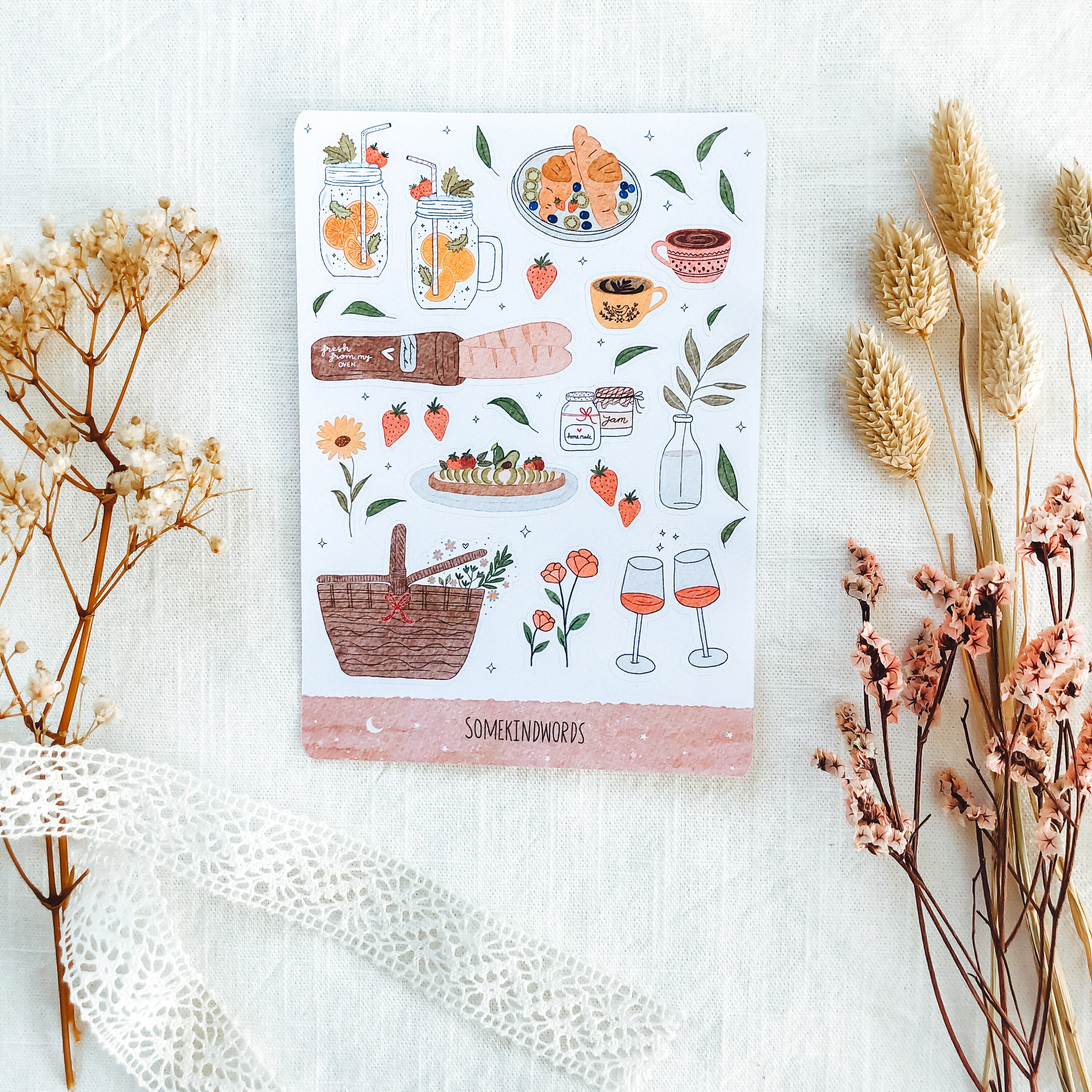 Sticker Sheet "Aesthetic Picnic" | aesthetic stickers, bullet journal stickers, planner stickers, Watercolor Sticker, spring, picnic doodles