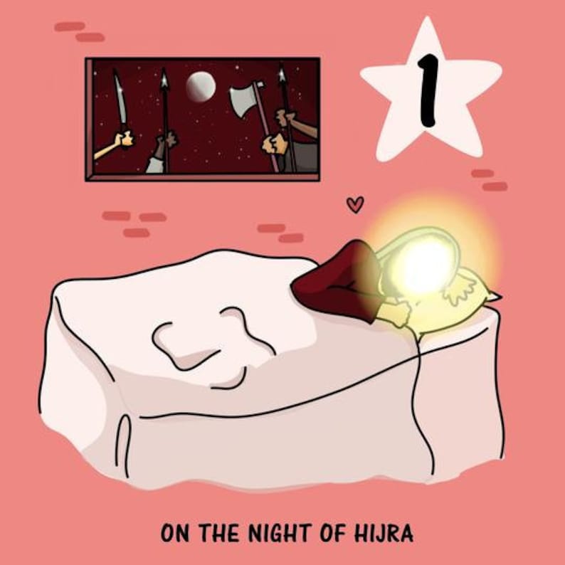 May include: A cartoon illustration of a person sleeping in bed with a halo above their head. The text "ON THE NIGHT OF HIJRA" is below the bed. A star with the number "1" inside is in the top right corner of the image.