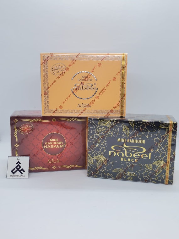 Mini Oudh Nabeel Nasaem Burning Bakhoor Home Incense Fragrance Al Nabeel  box 36pcs X3grams Nasaem, Black, Khawatir, Tajebni, Wadeema 