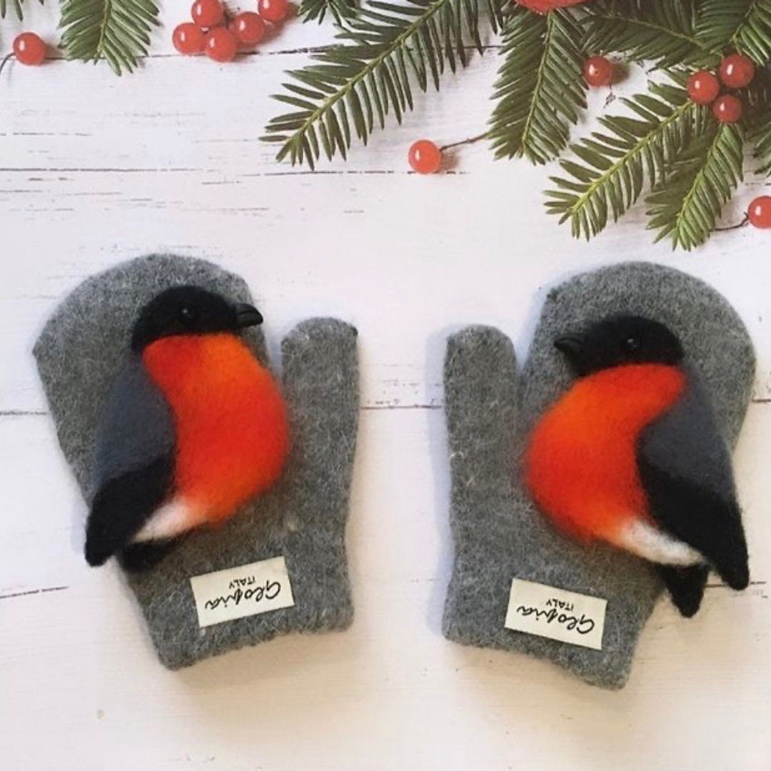 Warm winter mittens for girls with bullfinches. Children's Etsy