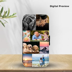 Funda de teléfono con collage de fotos personalizado, funda de cuero sintético personalizada con tarjetero, funda de teléfono con collage de fotos