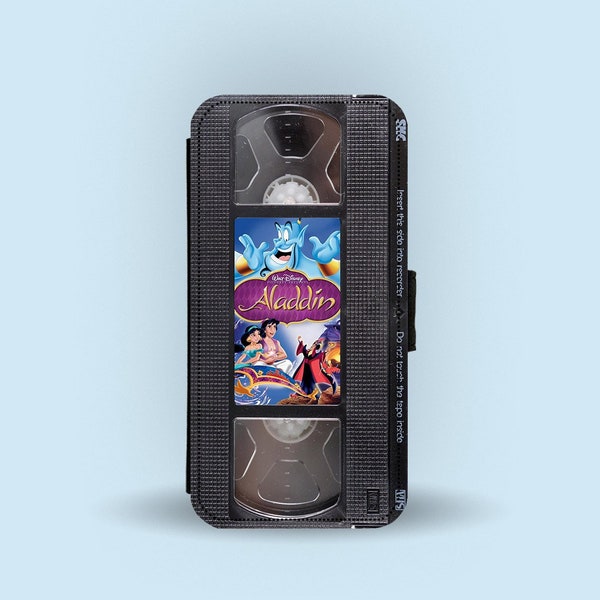 Personalised Faux Leather Wallet Phone Cover with Card Inserts, Custom Phone Case, Disney Aladdin, Retro Cassette Tape