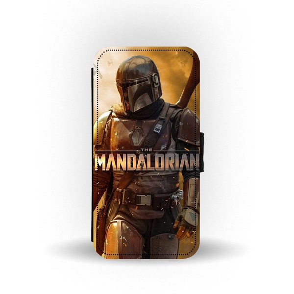 Personalised Faux Leather Wallet Phone Cover with Card Inserts, Custom Phone Case, Gift for Star Wars Lover, The Mandalorian