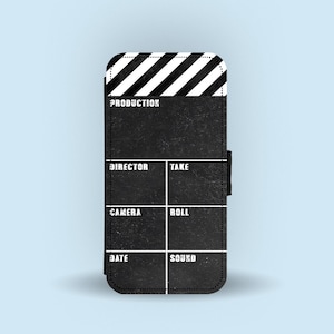 Personalised Faux Leather Wallet Phone Cover with Card Inserts, Custom Phone Case, Gift for Movie Lover, Director Clapperboard