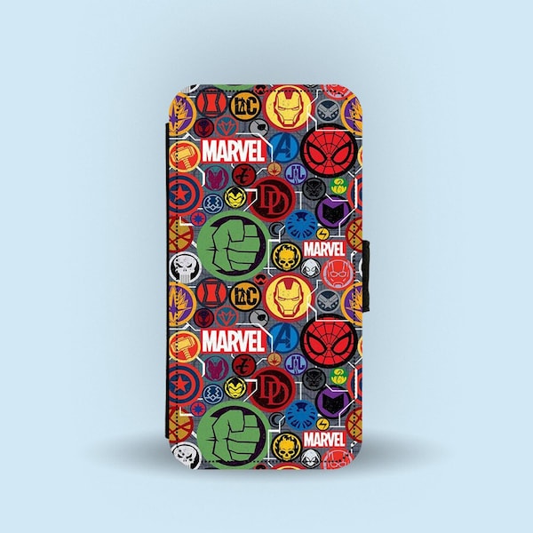 Personalised Faux Leather Wallet Phone Cover with Card Inserts, Custom Phone Case, Marvel, Avengers Assemble! Ironman and Captain America