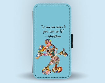 Personalised Faux Leather Wallet Phone Cover with Card Inserts, Custom Phone Case Disney Mickey Mouse "If you can dream it"