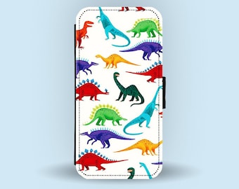 Personalised Faux Leather Wallet Phone Cover with Card Inserts, Custom Phone Case, First Phone, Colorful Dinosaurs, Gift for Science Lovers