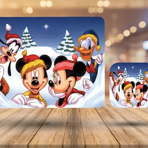 Personalised High Gloss Cup Coasters and Table Mat, Placemats and Coasters Set with Name, Disney Christmas Mickey, Minnie, Donald & Goofy