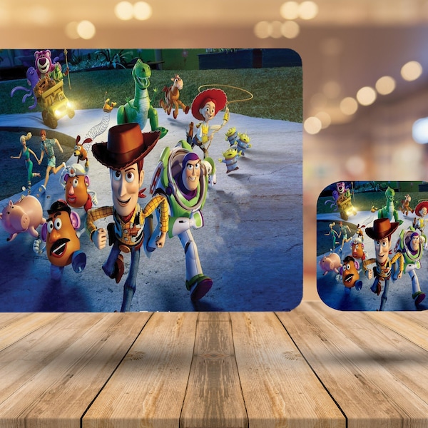 Personalised High Gloss Cup Coasters and Table Mat for Children, Placemats and Coasters Set, Disney Toy Story Table Placemats Gift with Name