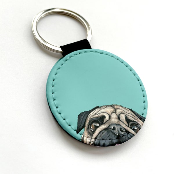 Square Key Ring, Round Key Holder, Dog Lover Tag, Peeking Adorable Pug dog, Available in fawn and black pug - Add Initials!