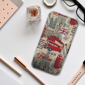 Étui portefeuille avec inserts pour cartes, coque de téléphone personnalisée pour iPhone et Samsung, célèbre Big Bus de Londres - Ajoutez votre nom !