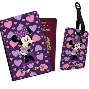Gepersonaliseerde stijlvolle paspoorthoes en bagagelabel van kunstleer met je naam, reisaccessoireset, Disney Minnie Mouse, cadeau voor haar