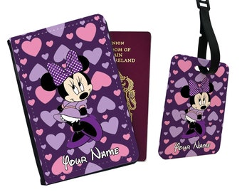 Personalised Stylish Faux Leather Passport Cover & Luggage Tag With Your Name, Travel Accessory Set, Disney Minnie Mouse, Gift for her