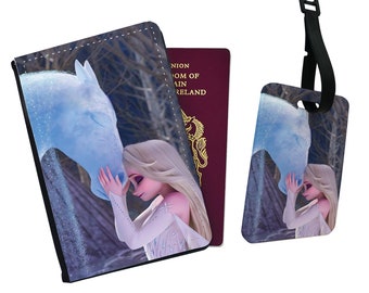 Personalised Faux Leather Passport Cover & Luggage Tag, Travel Accessories Gift, Disney Frozen Elsa and Nokk, Gift for her, Ice Princess
