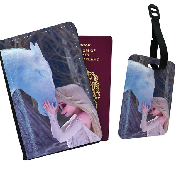 Personalised Faux Leather Passport Cover & Luggage Tag, Travel Accessories Gift, Disney Frozen Elsa and Nokk, Gift for her, Ice Princess