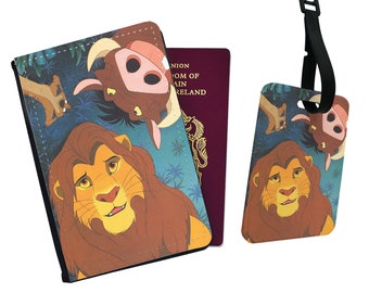 Élégant étui pour passeport et étiquette de bagage en similicuir personnalisé - Cadeau d'accessoires de voyage - Le Roi Lion Disney Simba, Timon et Pumbaa