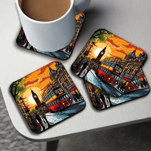Sottobicchieri personalizzati lucidi, sottobicchieri quadrati per bevande, sottobicchieri rotondi per caffè, regalo per lei, città di Londra, disegno vintage - Aggiungi il tuo nome