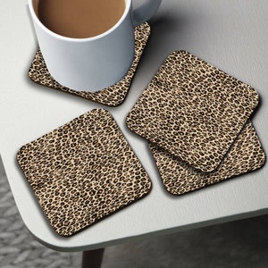 Personalised High Gloss Cup Coasters, Square Drink Coaster, Round Coffee Coaster, Custom Gift with Name, Leopard Print Style