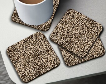 Personalised High Gloss Cup Coasters, Square Drink Coaster, Round Coffee Coaster, Custom Gift with Name, Leopard Print Style