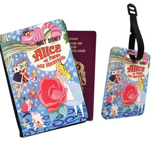 Funda de pasaporte y etiqueta de equipaje de piel sintética personalizadas y elegantes - Regalo de accesorios de viaje - Disney Alicia en el País de las Maravillas