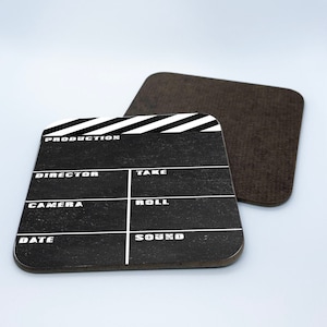 Personalised High Gloss Cup Coasters, Square Drink Coaster, Coffee Coaster, Personalised Gift with Name, Movie Lover, Director's Clapboard image 2