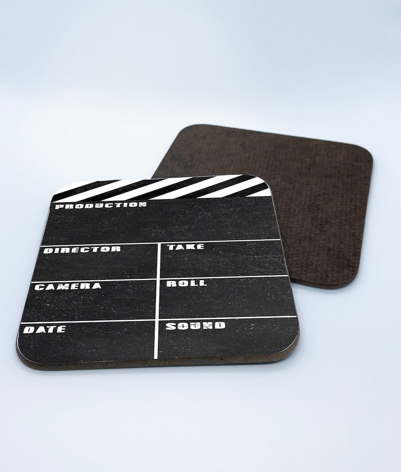 Personalised High Gloss Cup Coasters, Square Drink Coaster, Coffee Coaster, Personalised Gift with Name, Movie Lover, Director's Clapboard image 2