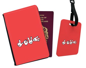 Élégant étui pour passeport et étiquette de bagage en similicuir personnalisé avec votre nom - Disney Mickey et Minnie's Travel Love langue des signes