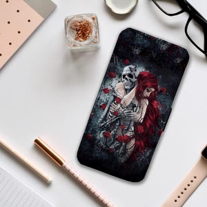 Custodia per telefono con portafoglio e inserti per carte di credito, custodia per telefono personalizzata con teschio da ragazza gotica per iPhone e Samsung, Nightmare before Christmas - Aggiungi il tuo nome!