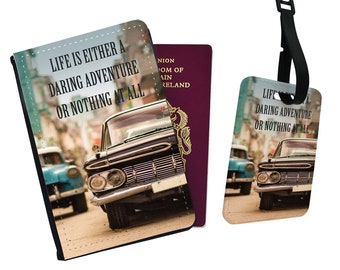 Élégant étui pour passeport et étiquette à bagage en similicuir personnalisé - Cadeau d'accessoires de voyage - Citation de voyage vintage Car Life