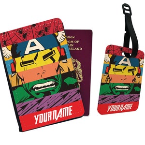 Gepersonaliseerde kunstleren paspoorthoes en bagagelabel met je naam, reisaccessoirecadeau, reiscadeau, Marvel Avengers Captain America