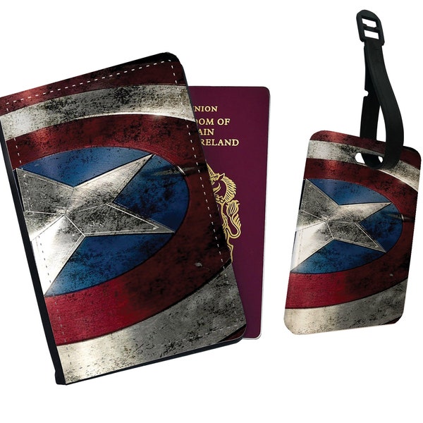 Personalised Stylish Faux Leather Passport Cover & Luggage Tag Marvel Avengers Captain America Shield Endgame Infinity War Travel Gift
