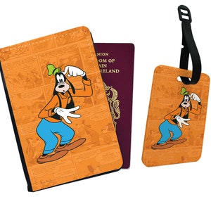 Gepersonaliseerde stijlvolle kunstleren paspoorthoes en bagagelabel, essentiële reisset, Disney Goofy, cadeau voor hem haar, voeg je naam toe!