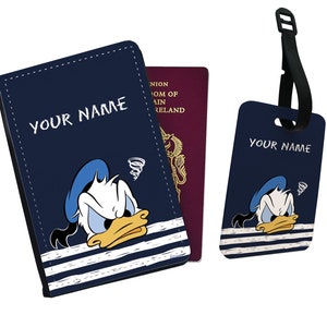 Gepersonaliseerde kunstleren paspoorthoes en bagagelabel met je naam, reisaccessoireset, Disney Donald Duck, aangepaste cadeauset