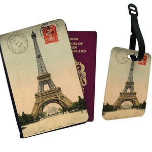 Personalised Faux Leather Passport Cover & Luggage Tag - Travel Accessories Gift - Vintage Paris Eiffel tower Postcard