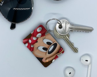 High Gloss Key Ring, Custom Metal Square Keyring, Double Sided Keychain, New Homes or New Car Gift, Disney Minnie Mouse